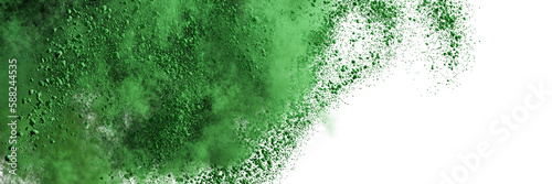 green particles flying, colored powder in the air, isolated on transparent background banner  