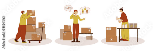 Voluntary team sending medicine as aid. Serving and support in non profit organization. People prepare boxes with medical supplies. Color set vector graphic, flat art collection, cartoon illustration