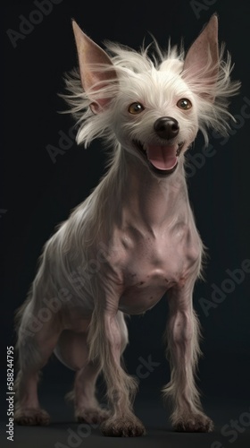 Photo of a Chinese Crested hairless dog with an open mouth sitting on a black background created with Generative AI technology