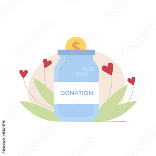 Illustration with jar and coin for making donations. Financial aid and support for needy and poor people. Collection and saving money for charity. Vector