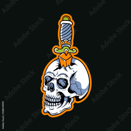 Hand drawn illustration of a skull head stuck with a dagger