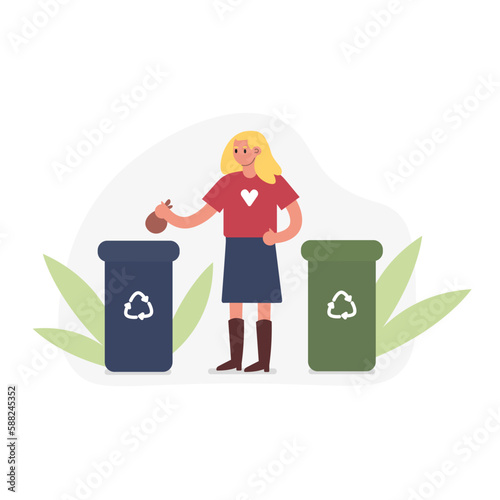 Cartoon character of young woman throwing garbage into recycling bin. Environment and resources problem. Volunteer taking care of nature. No garbage and overconsumption. Vector