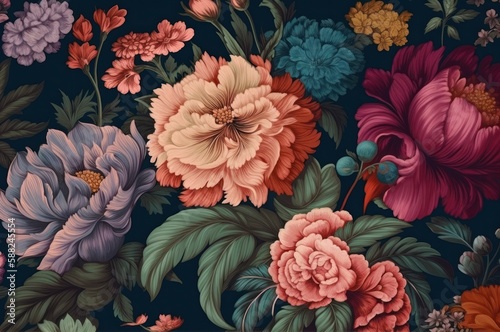A Vintage Botanical Flower Arrangement with a Fantasy Twist, Featuring a Classic Motif Suitable for Digital Floral Printing Background, Generative AI.