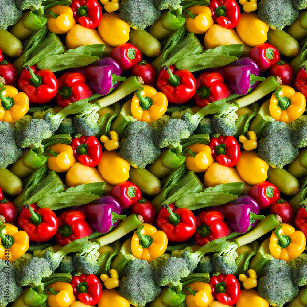 The seamless texture of fresh vegetables. Sweet multicoloured peppers, courgette and broccoli. Top view. Great for textiles, fabric or wrapping paper Generative ai.