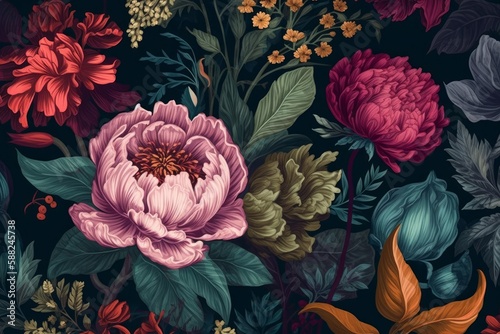 A Vintage Botanical Flower Arrangement with a Fantasy Twist, Featuring a Classic Motif Suitable for Digital Floral Printing Background, Generative AI.