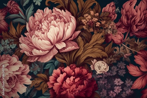 A Vintage Botanical Flower Arrangement with a Fantasy Twist  Featuring a Classic Motif Suitable for Digital Floral Printing Background  Generative AI.