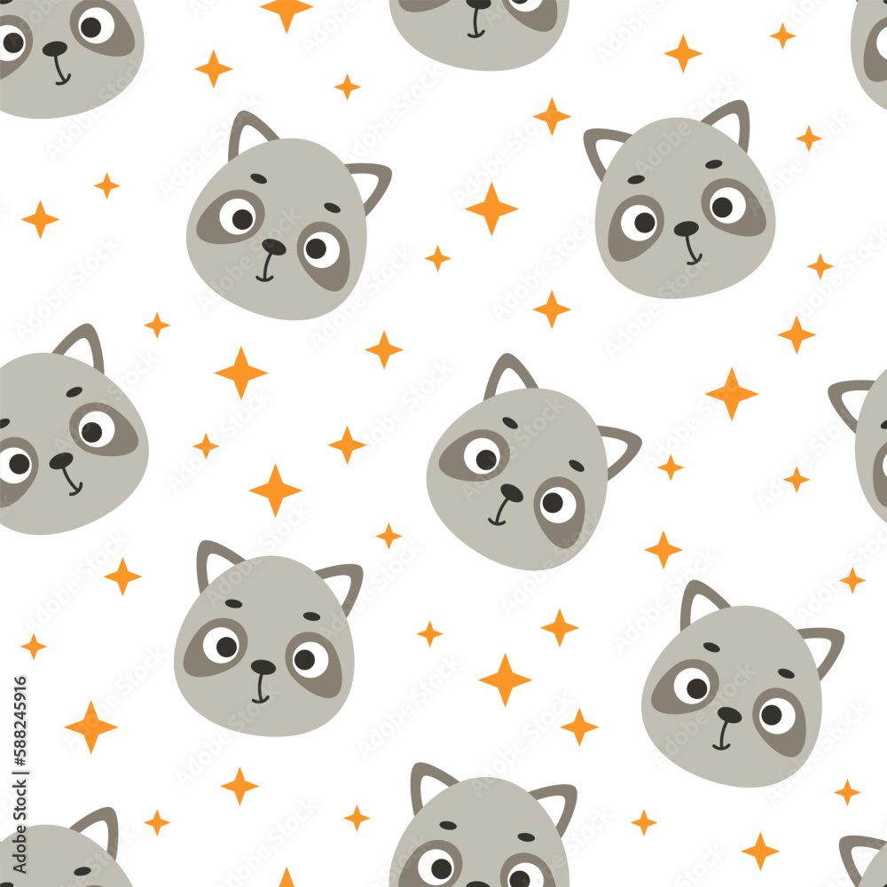 Cute little raccoon head seamless childish pattern. Funny cartoon animal character for fabric, wrapping, textile, wallpaper, apparel. Vector illustration