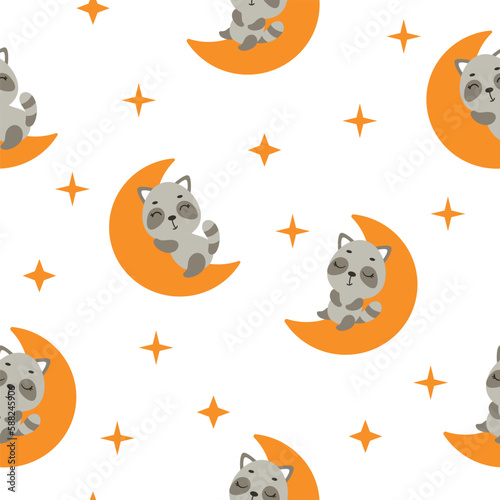 Cute little raccoon sleeping on moon seamless childish pattern. Funny cartoon animal character for fabric  wrapping  textile  wallpaper  apparel. Vector illustration