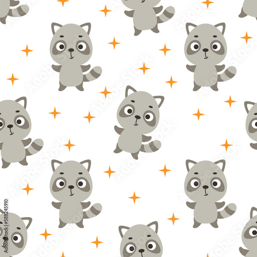 Cute little raccoon seamless childish pattern. Funny cartoon animal character for fabric, wrapping, textile, wallpaper, apparel. Vector illustration
