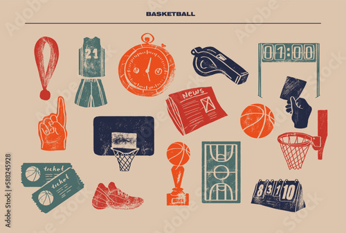 Sports background with basketball ink, engraving style