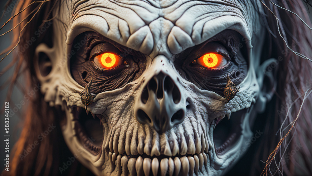 closeup of dead skeleton zombie daemon with orange glowing eyes and white make-up and few hairs looking at viewer at dark gray background, generative AI