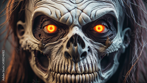 closeup of dead skeleton zombie daemon with orange glowing eyes and white make-up and few hairs looking at viewer at dark gray background, generative AI