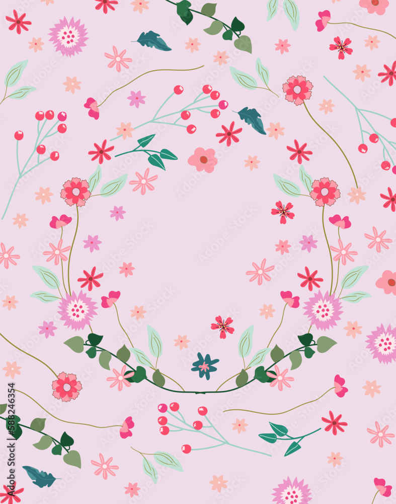 Unique floral vector design with charming blooms, forming a wreath. Great for cards, posters, apparel, and home accents. Vector illustration. Unique floral vector design with charming blooms, forming a wreath. Great for cards, posters, apparel, and home accents. Vector illustration.