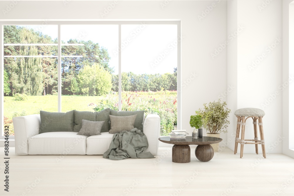 White living room with sofa and summer landscape in window. Scandinavian interior design. 3D illustration White living room with sofa and summer landscape in window. Scandinavian interior design. 3D illustration