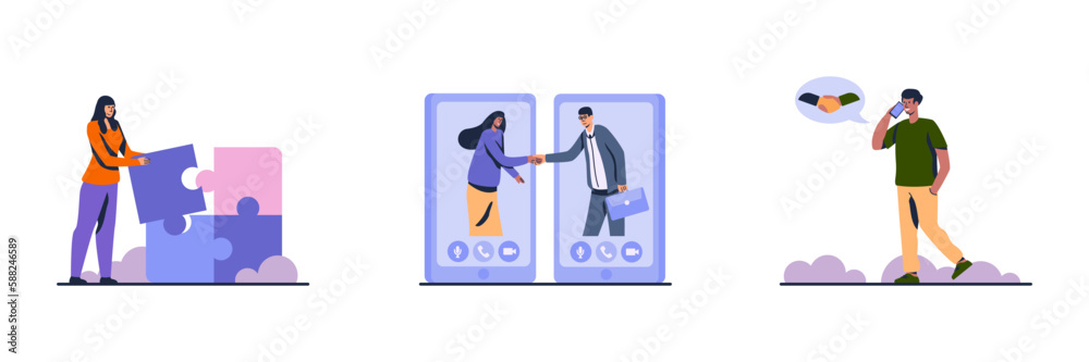 Set of colored cartoon characters of people at work. Online communication with colleagues. Cooperation and partnership between coworkers. Support and successful teamwork in business. Vector