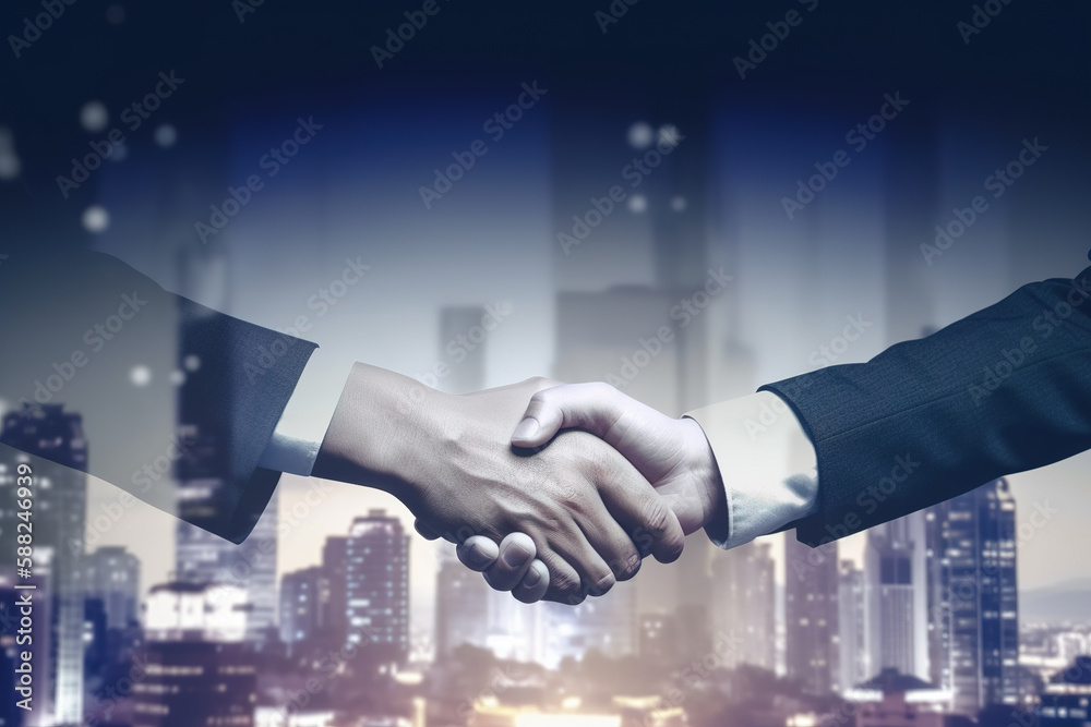 Double exposure of Business agreement handshake hand gesture with night view city building landscape background. Created with Generative AI Technology