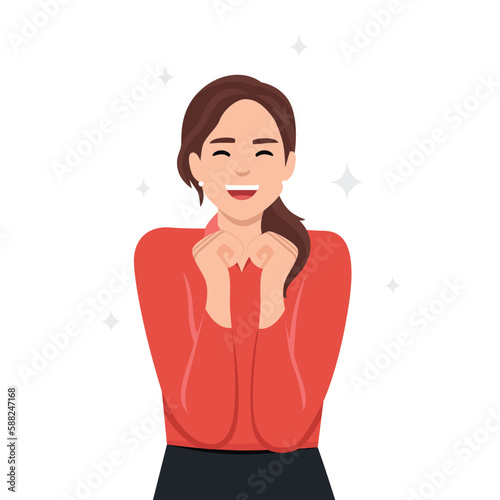 Portrait of happy beatiful wave hairstyle woman celebrating success