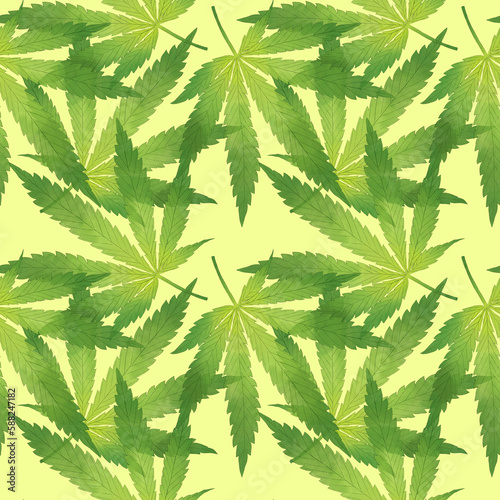Cannabis leaf. Weed. Marijuana plant. Sativa. Hemp. Digitally hand drawn illustration. Art. Graphic design element. Endless repeatable pattern. Seamless texture. 
