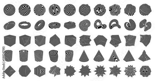 Set of 3d optical illusions on shapes. Collection of 50 from twisted stripes elements. Illusion effect for use in your graphic design. Black and white 3d art. Vector illustration.