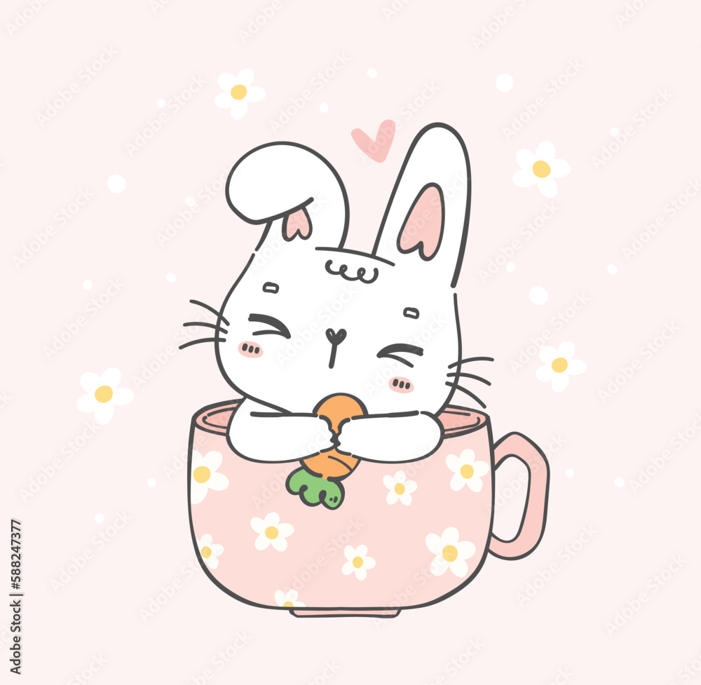 cute rabbit in a cup cartoon illustration. Perfect for greeting cards, nursery art, and more. Delight in the whimsical charm of this cute, cuddly character.