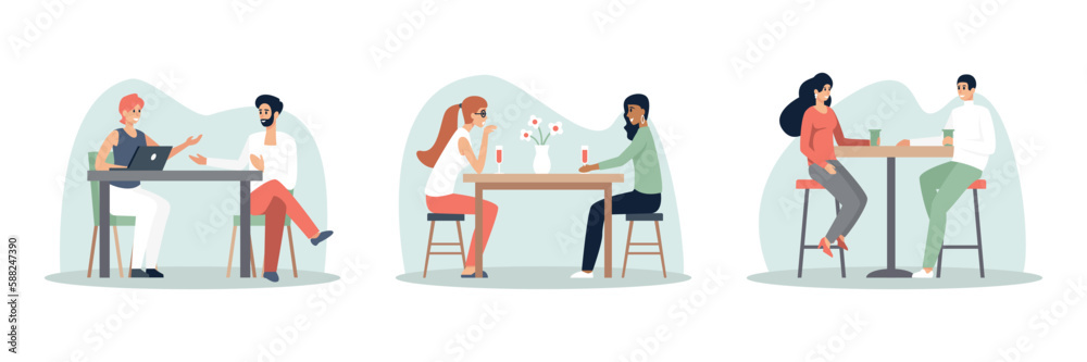 Set of cartoon characters sitting at table and talking. Young people having conversation in modern restaurants. Friends meeting in cafe and spending time together. Vector