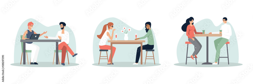 Set of cartoon characters sitting at table and talking. Young people having conversation in modern restaurants. Friends meeting in cafe and spending time together. Vector Set of cartoon characters sitting at table and talking. Young people having conversation in modern restaurants. Friends meeting in cafe and spending time together. Vector
