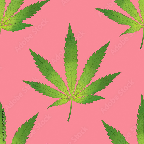 Cannabis leaf. Weed. Marijuana plant. Sativa. Hemp. Digitally hand drawn illustration. Art. Graphic design element. Endless repeatable pattern. Seamless texture. 