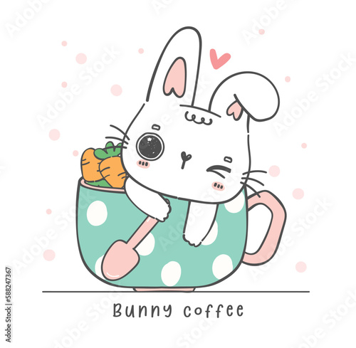 kawaii bunny in a cup cartoon illustration. Perfect for greeting cards, nursery art, and more. Delight in the whimsical charm of this cute, cuddly character.