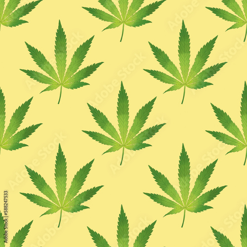 Cannabis leaf. Weed. Marijuana plant. Sativa. Hemp. Digitally hand drawn illustration. Art. Graphic design element. Endless repeatable pattern. Seamless texture. 