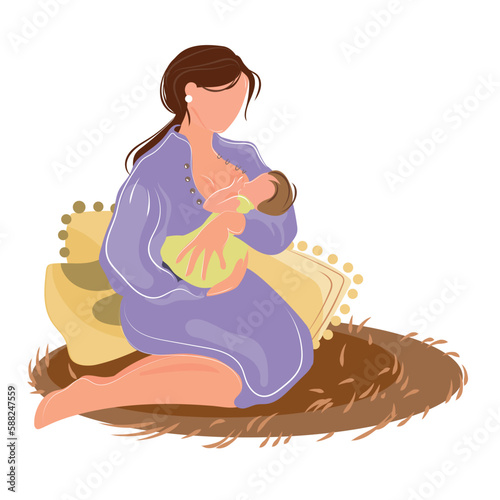 Young woman mother breastfeeds a newborn baby sitting at home on carpet flat vector illustration.The woman presses the baby to the chest, the baby eats breast milk.Health of the mother and the newborn
