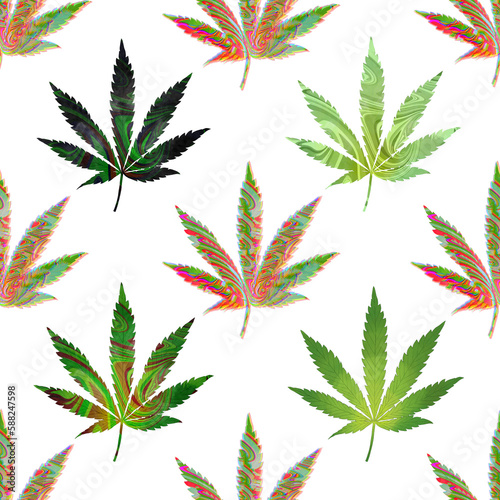 Cannabis leaf. Weed. Marijuana plant. Sativa. Hemp. Digitally hand drawn illustration. Art. Graphic design element. Endless repeatable pattern. Seamless texture. 
