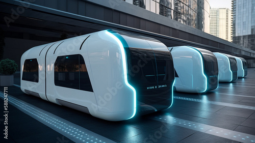 Autonomous vehicle for public transport, connected pods, advanced technology.