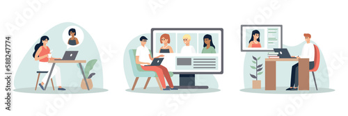 Set of cartoon characters communicating online using gadgets. Video calls in business. Remote job and freelancers. Collective virtual meeting with coworkers. Teamwork during quarantine. Vector