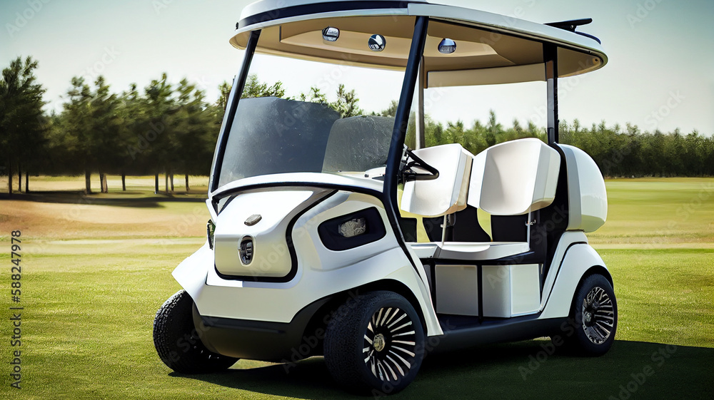 Autonomous self driving golf car vehicle, powered by artificial intelligence and solar panels. Advance future technology.