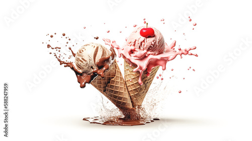 Ice cream in waffle cones  generative AI.