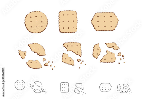 Set of cute cookie biscuits. cheese crackers whole and broken clip art  vector illustrations bundle isolated on white background
