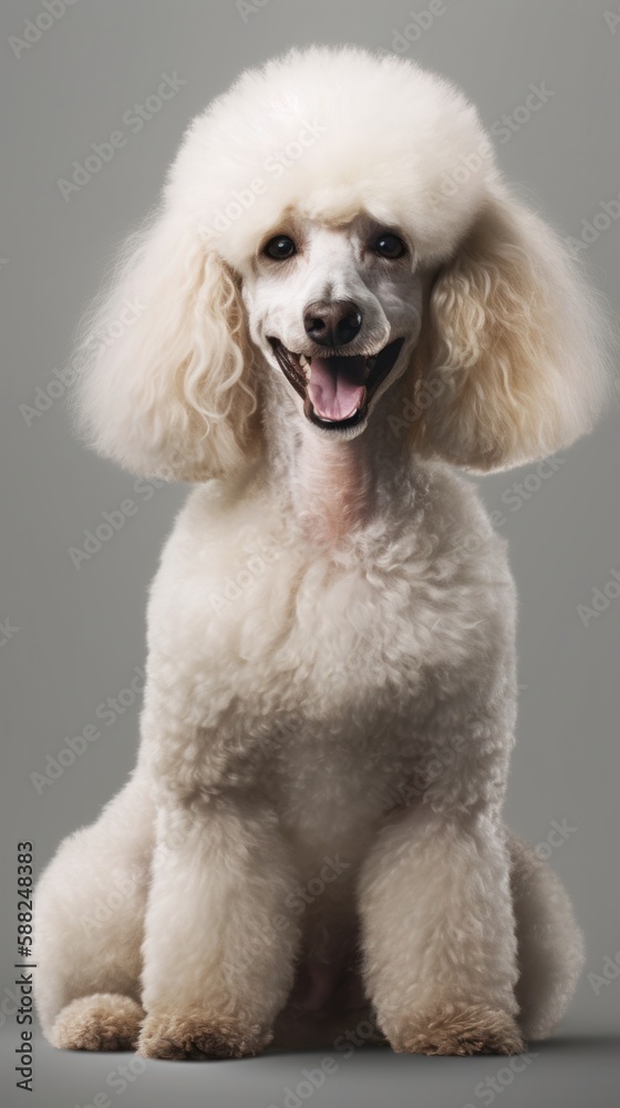 Photo of a white poodle sitting on a grey background created with Generative AI technology Photo of a white poodle sitting on a grey background created with Generative AI technology