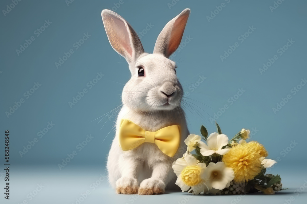 White rabbit in a yellow bow tie sits next to a bouquet of flowers. Full-size shot of a hare on an isolated blue background. Holiday, wedding, birthday. Generative AI. White rabbit in a yellow bow tie sits next to a bouquet of flowers. Full-size shot of a hare on an isolated blue background. Holiday, wedding, birthday. Generative AI.