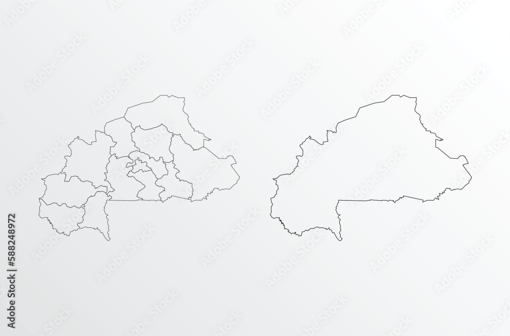 Black Outline vector Map of Burkina Faso with regions