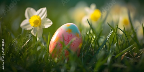 Easter Eggs In The Meadow. Wallpaper. Generated AI