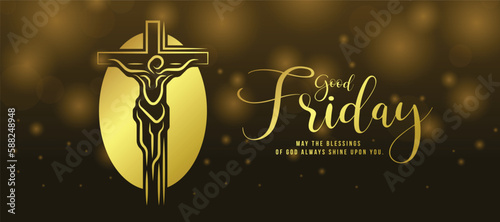 Good friday - Gold abstract and modern line Jesus christ on the cross in ellipse and dark light gold background vector design