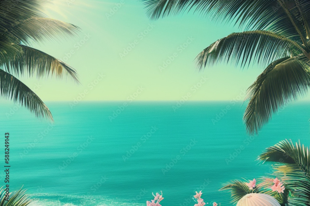 Tropical beach with palm trees and sea in vintage style. AI generated