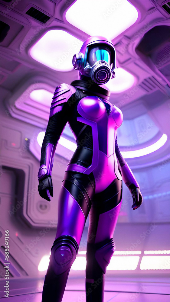 futuristic woman in a purple suit and helmet with mask, generative ai illustration, these depiction is fictitious and generated futuristic woman in a purple suit and helmet with mask, generative ai illustration, these depiction is fictitious and generated