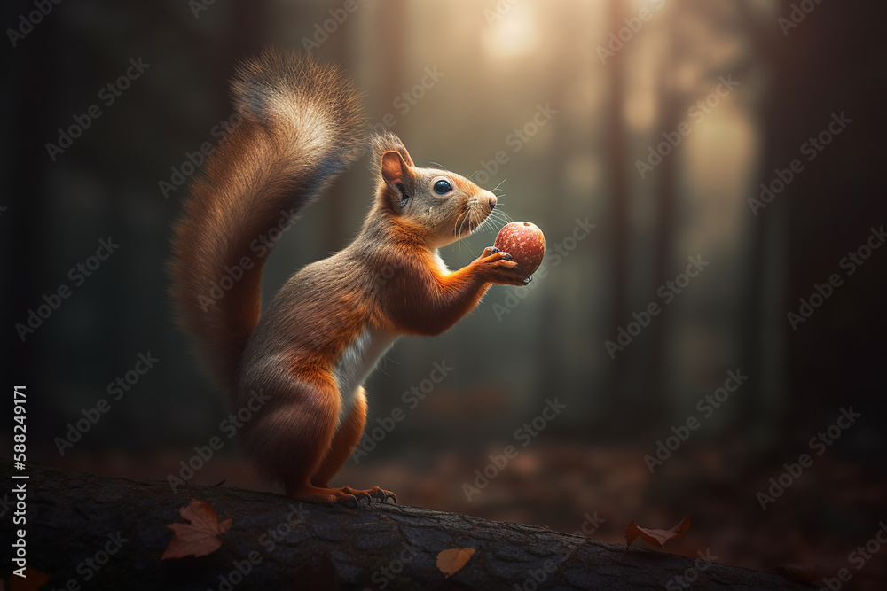 Eichhörnchen hält eine Nuss - obrazy, fototapety, plakaty 