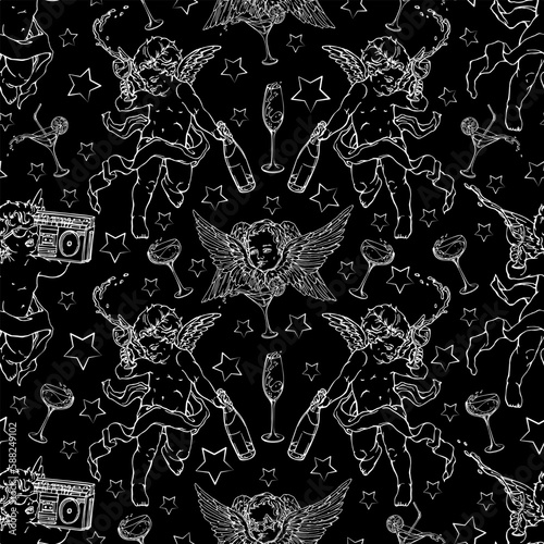 Vector seamless pattern: funny cute angels and seraphims making night party with cocktails. White on black design for textile, fabric, wallpaper, wrapping paper, card, invitation.