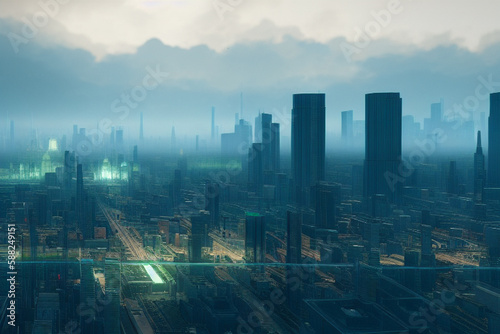 3D rendering of a futuristic city with skyscrapers in the fog. AI generated