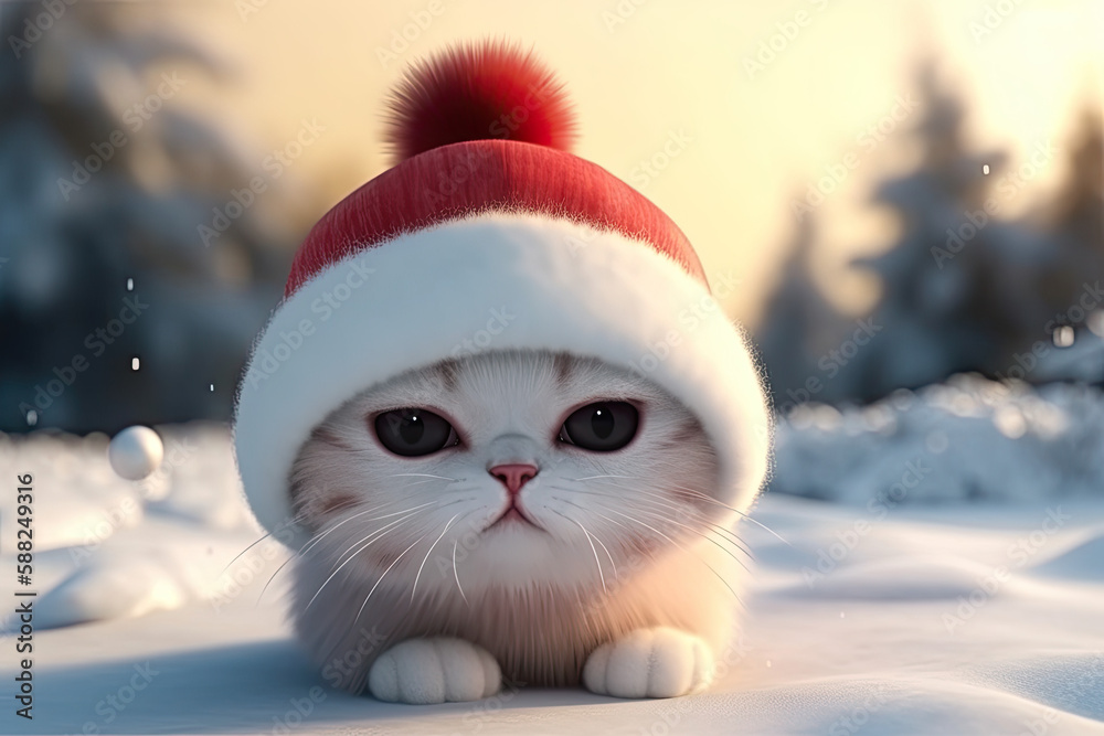 cute cartoon kitten cat on the white background with christmas santa hat on snow winter, generative AI
