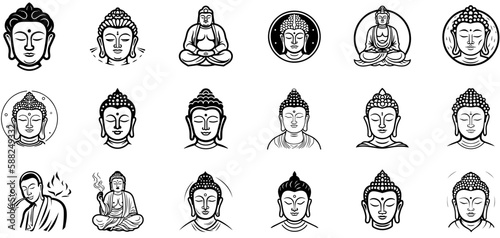 set of black and white buddha heads