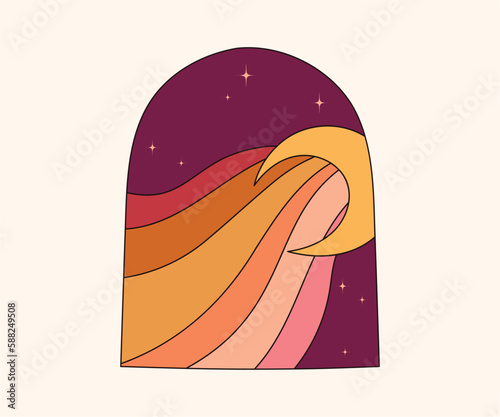 Groovy isolated clip art with magic window, moon and rainbow in the night sky, 70s nostalgia retro style, old fashioned aesthetic, positive optimistic vibes vector illustration