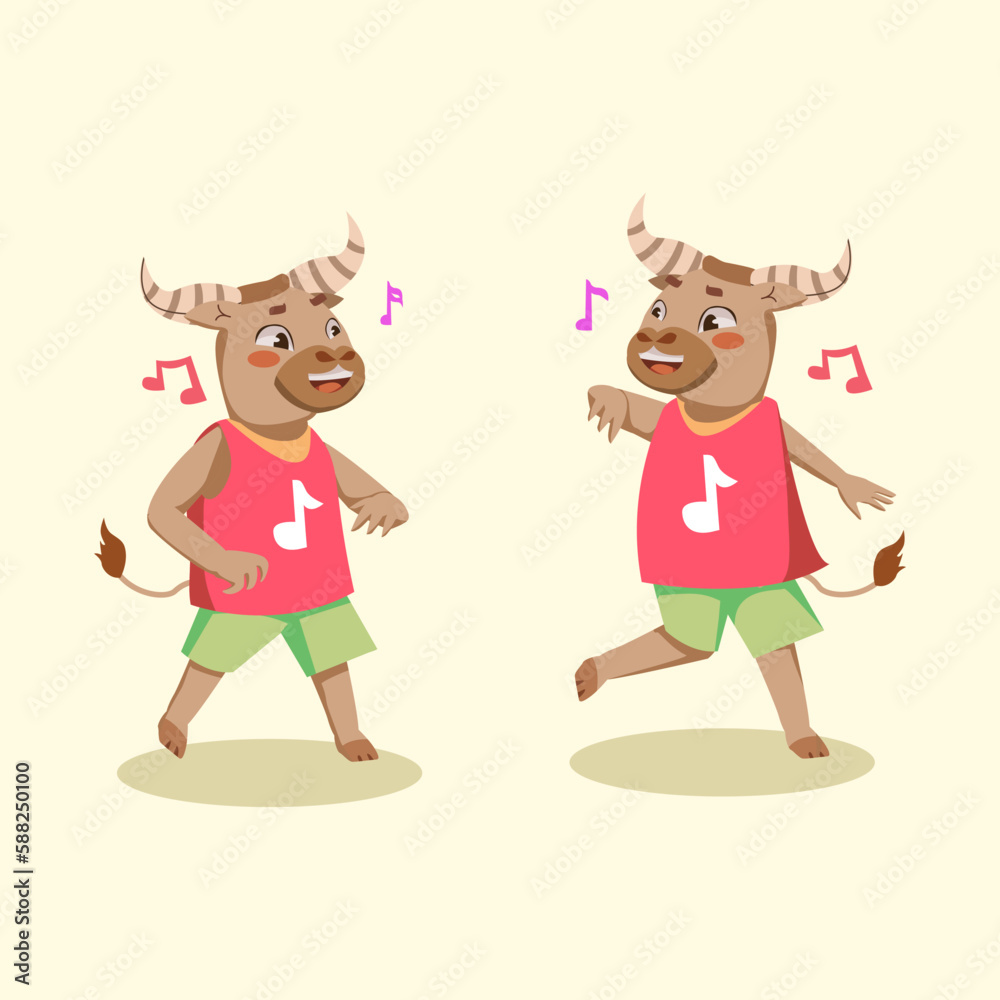 Two buffaloes are dancing and one is wearing a red shirt Two buffaloes are dancing and one is wearing a red shirt